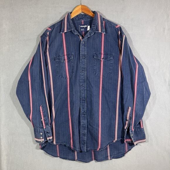 Wrangler Other - Vtg Wrangler Brushpopper Shirt Size XL Blue Red Stripes Western MADE IN USA